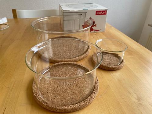 Bodum Hotpot set 3 x glazen schaal & kurken onderzetter zgan, Huis en Inrichting, Keuken | Servies, Zo goed als nieuw, Schaal of Schalen
