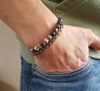 Heren Armband gevlochten Leer met Blackgrid Edelstenen., Sieraden, Tassen en Uiterlijk, Armbanden, Verzenden, Nieuw, Leer, Overige kleuren