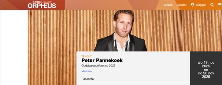 4 kaarten Peter Pannekoek, Orpheus Apeldoorn, do. 20 nov, Tickets en Kaartjes, Theater | Cabaret en Komedie, Twee personen, November