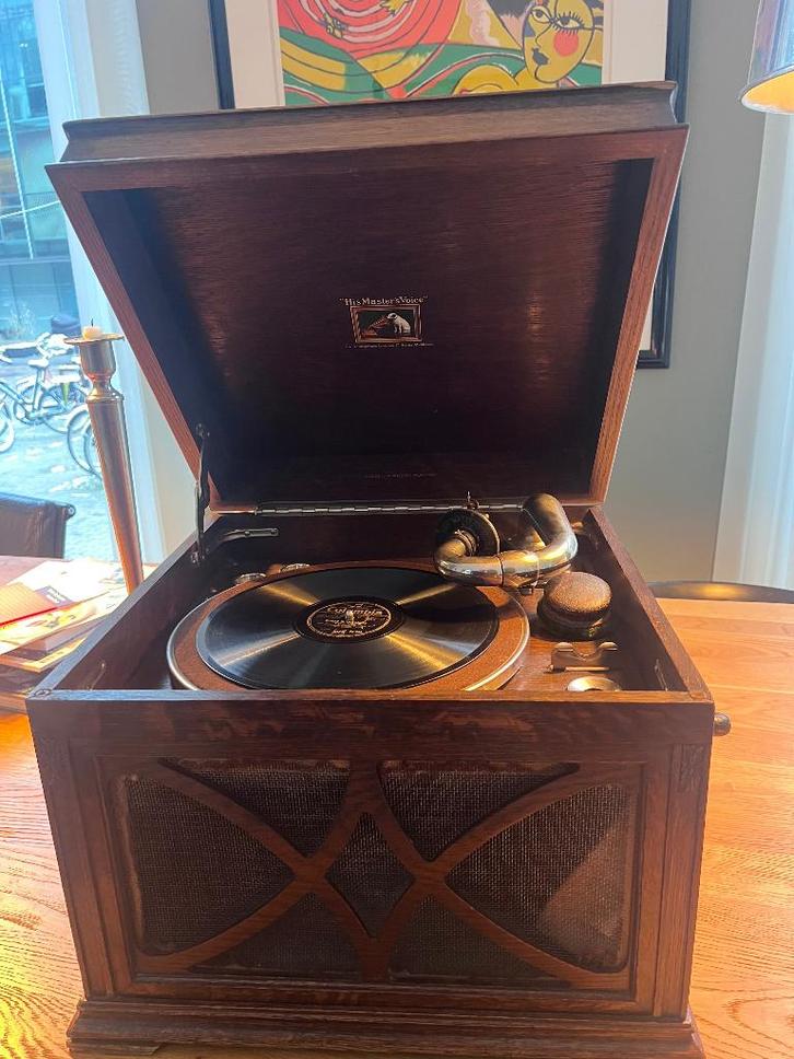 Antieke His Master’s Voice grammofoon + reserve naalden, Antiek en Kunst, Antiek | Tv's en Audio, Ophalen of Verzenden