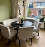 Zwarte tafel met grijze stoelen, Huis en Inrichting, Ophalen, Gebruikt, 100 tot 150 cm, Rond