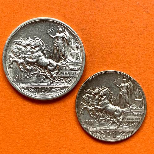 Italië 1 & 2 Lire 1914 en 1917 zilver - kwaliteit!, Postzegels en Munten, Munten | Europa | Niet-Euromunten, Italië, Zilver, Ophalen of Verzenden
