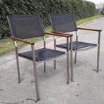 2 Gloster teak/RVS/textileen stapelstoelen, Rvs, Gebruikt, Stapelbaar, Ophalen