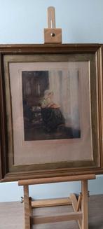 ingekleurde ets/litho, kantklossende dame. gesigneerd, Ophalen of Verzenden
