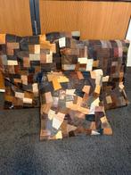 Set van 3 unieke vintage leren patchwork kussens, Ophalen, Gebruikt, Bruin, Vierkant