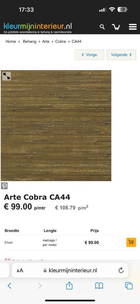 Arte Cobra CA44 designbehang – 3 stroken (restpartij), Huis en Inrichting, Stoffering | Behang, Geel, minder dan 10 m², Ophalen of Verzenden