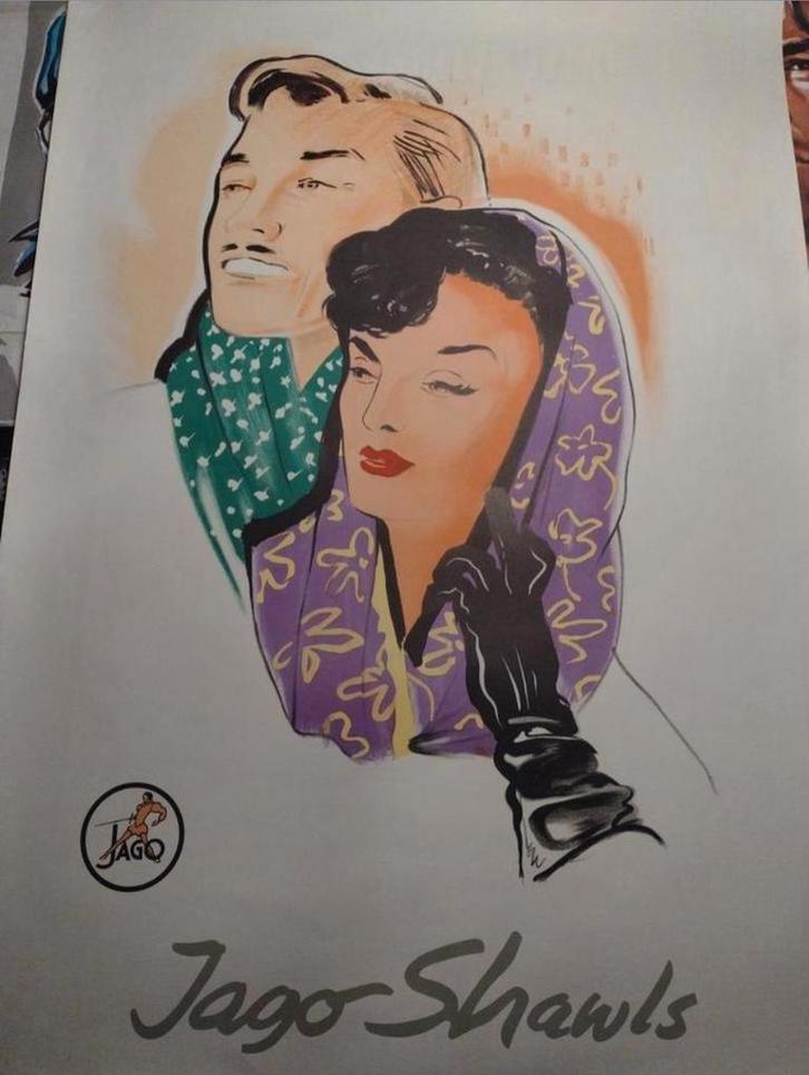 Vintage Jago Shawls Reclame Poster, Verzamelen, Posters, Zo goed als nieuw, Reclame, A1 t/m A3, Rechthoekig Staand, Ophalen of Verzenden