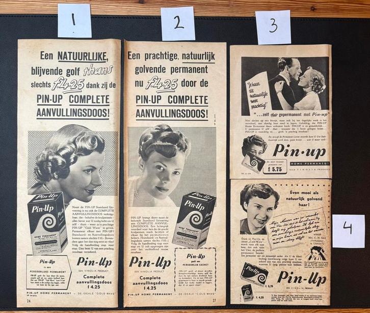 4 advertenties ‘Pin-up home permanent’ (1949-1950), Verzamelen, Tijdschriften, Kranten en Knipsels, Knipsel(s), 1940 tot 1960