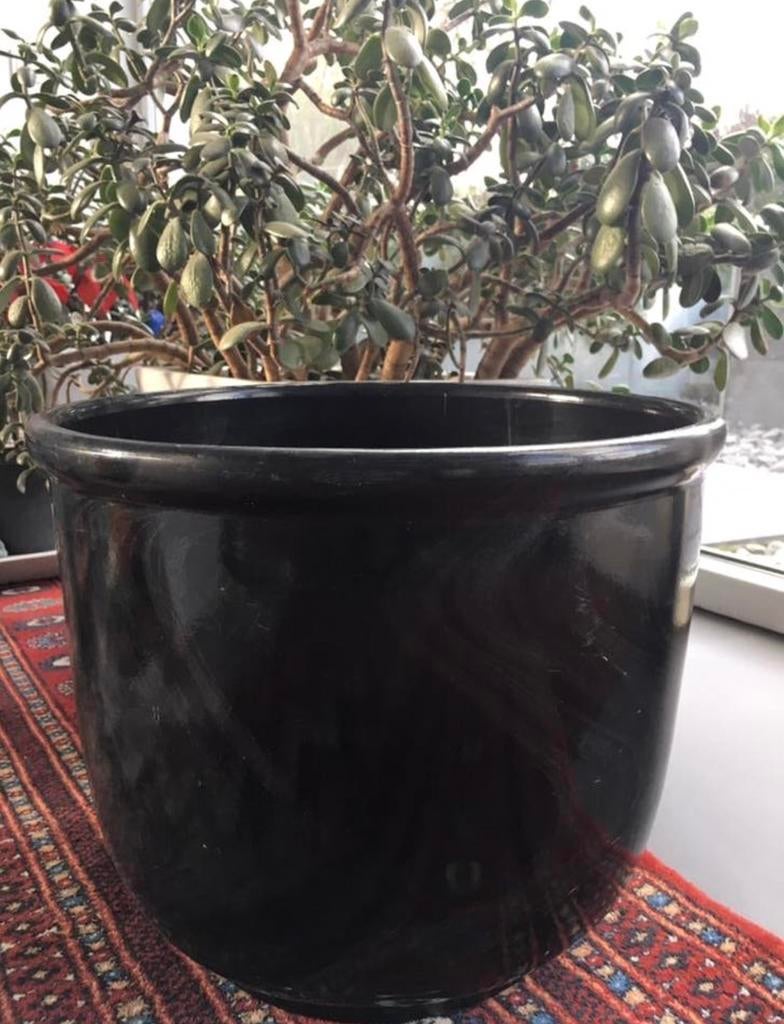 Grote 38,5cm vintage zwarte bloempot met grijs motief, 40 cm of meer, Rond, Binnen, Ophalen of Verzenden