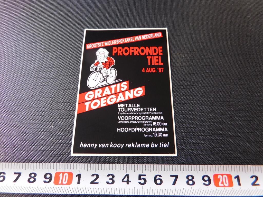 sticker Wielrennen Profronde Tiel 1987 Flipje Tiel op Fiets, Ophalen, Zo goed als nieuw