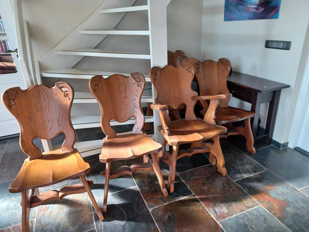 6 eiken houten kloosterstoelen, Huis en Inrichting, Stoelen, Ophalen, Gebruikt, Bruin, Vijf, Zes of meer stoelen