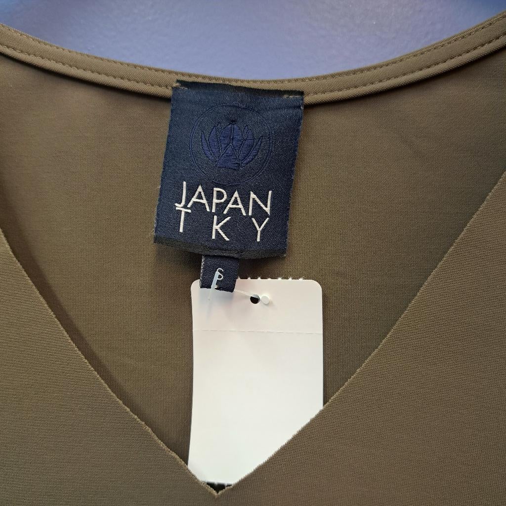 Japan TKY kaki groene travelstof jurk 1/2 mouw maat S 48228, Kleding | Dames, Ophalen of Verzenden, Zo goed als nieuw, Japan tky