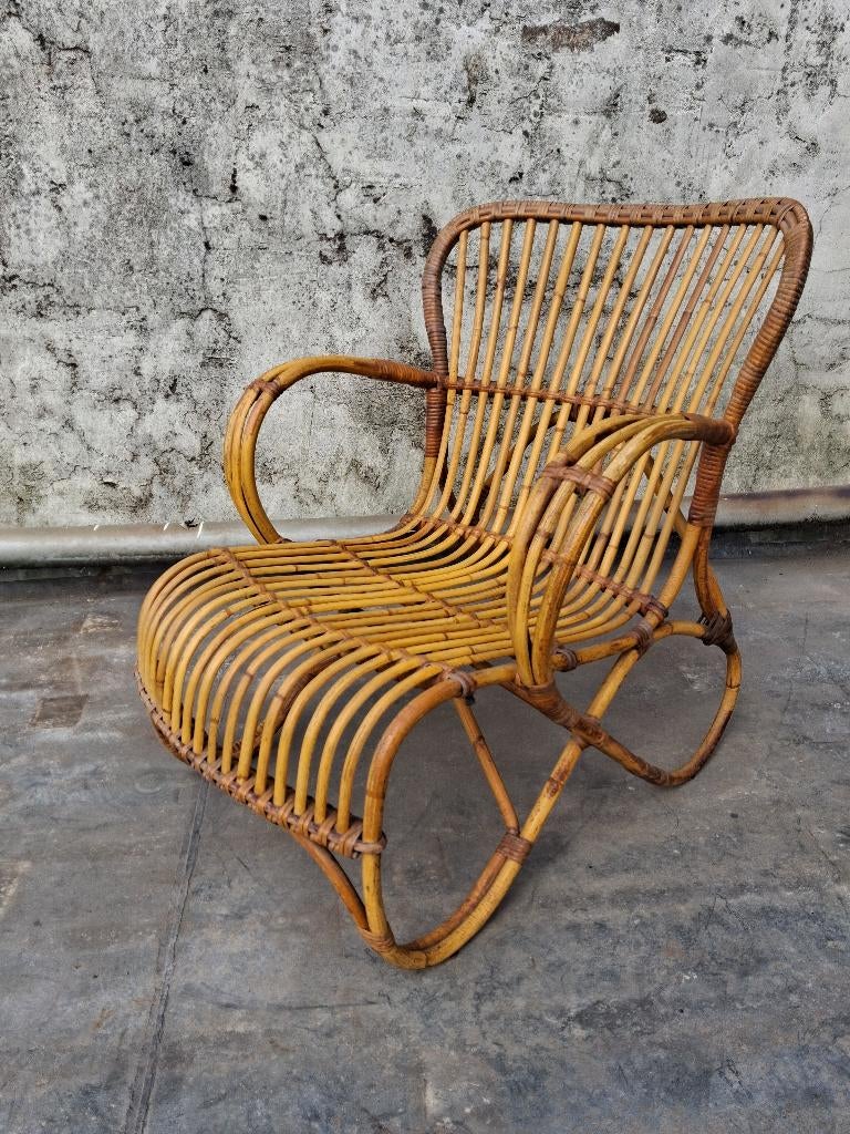 Rotan Belse 8 fauteuil, lage rug., Huis en Inrichting, Fauteuils, Ophalen, Gebruikt, Minder dan 75 cm, Riet of Rotan