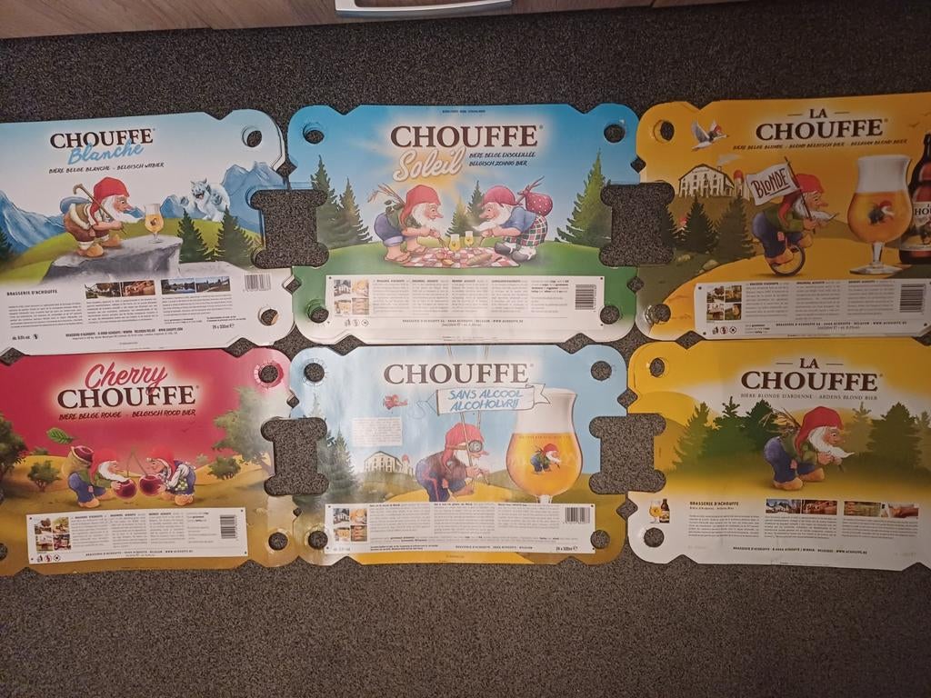 Chouffe Bier Kartonnen kratplaten - Set van 6, Verzamelen, Biermerken, Ophalen of Verzenden, Nieuw, Reclamebord, Plaat of Schild