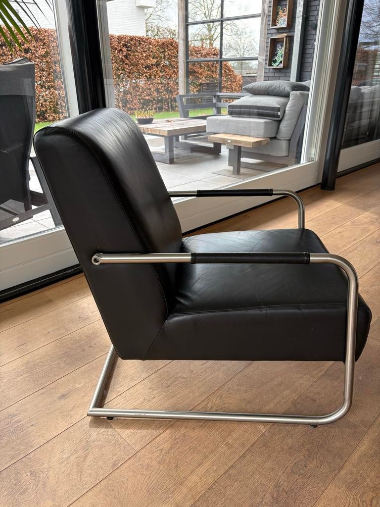 Stijlvolle donker blauwe leren fauteuil met rvs frame, Ophalen, Gebruikt, 50 tot 75 cm, Leer