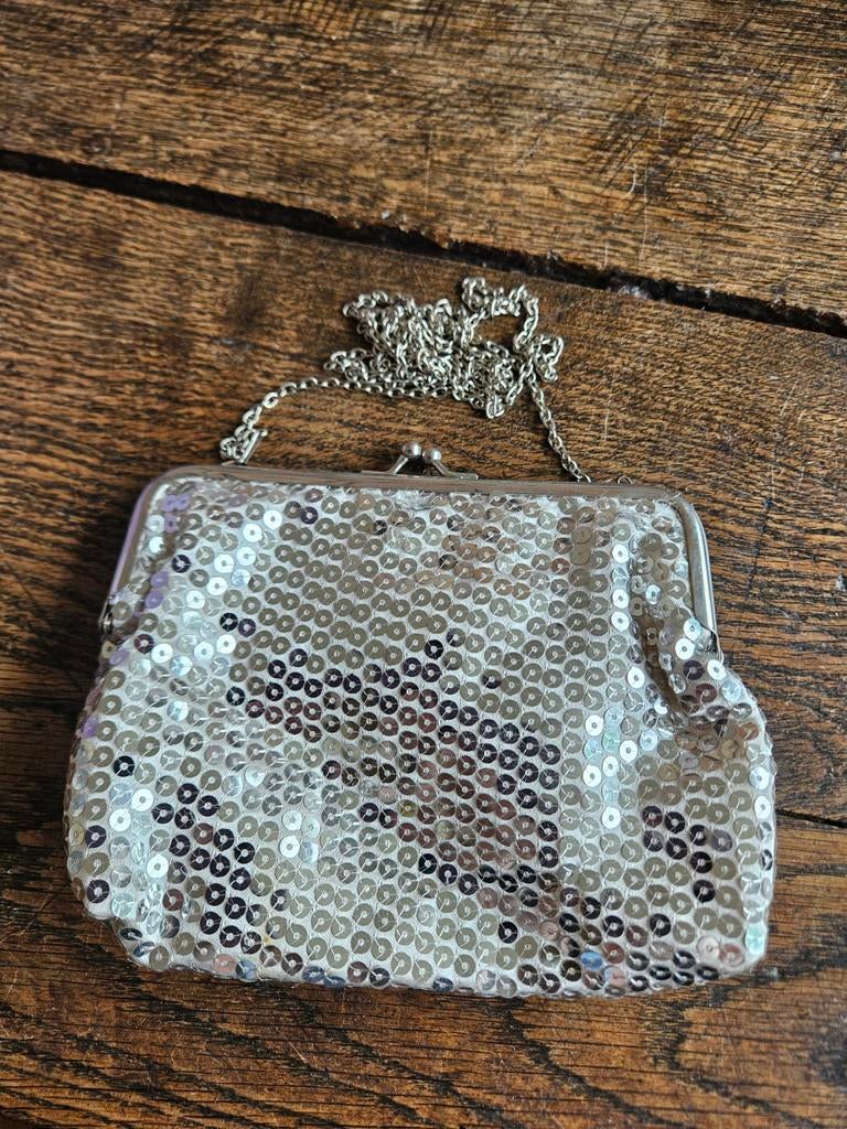 Zilver glitter avondtasje, Ophalen of Verzenden, Gebruikt, Overige kleuren, Met knipsluiting