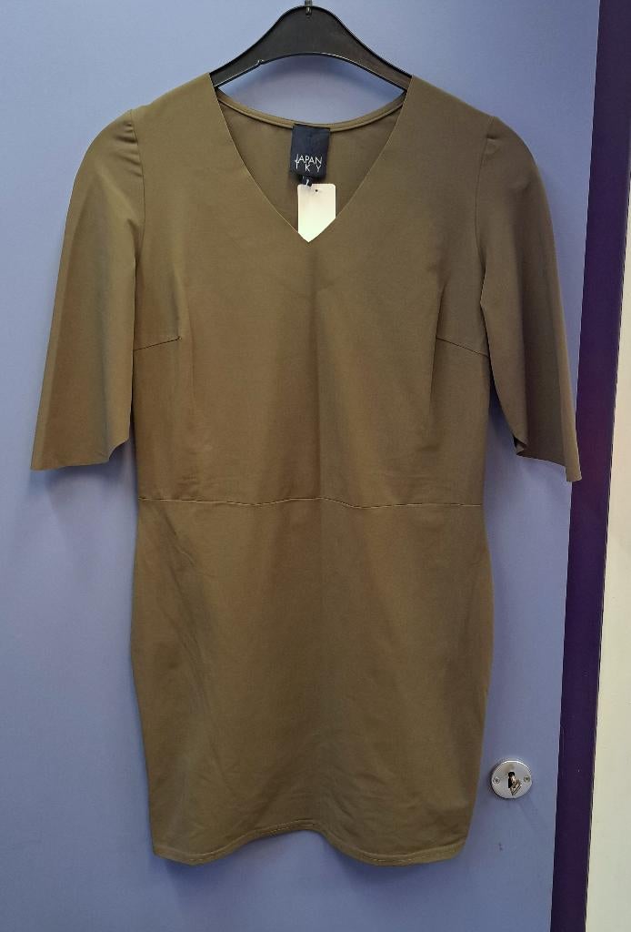 Japan TKY kaki groene travelstof jurk 1/2 mouw maat S 48228, Kleding | Dames, Ophalen of Verzenden, Zo goed als nieuw, Japan tky