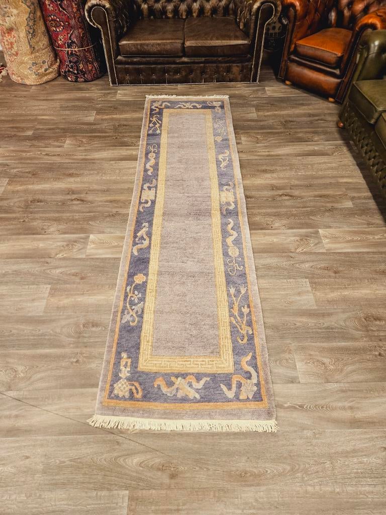 Handgeknoopte Loper uit Nepal Prachtige kleuren en patronen!, Groen, Perzisch, 200 cm of meer, Zo goed als nieuw