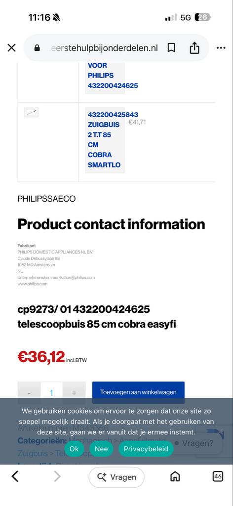 Philips Telescoopbuis 85 cm Cobra Easyfi Stofzuiger, Ophalen of Verzenden, Nieuw