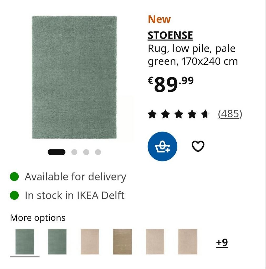 IKEA STOENSE Vloerkleed, laagpolig, lichtgroen, 170x240 cm, Huis en Inrichting, Ophalen, 150 tot 200 cm, 200 cm of meer, Zo goed als nieuw