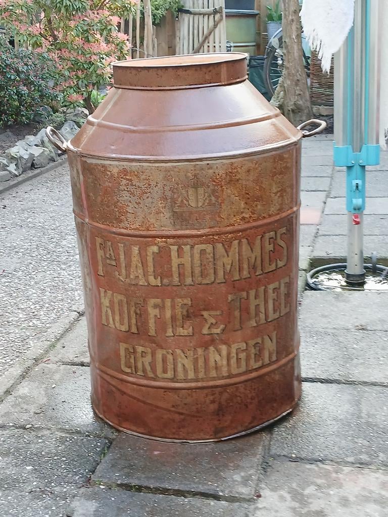 Antiek groot winkelblik F.A.J.A.C. Hommes Koffie & Thee, Ophalen