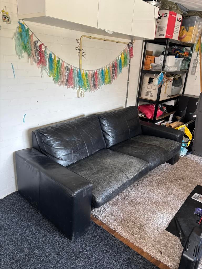 Zwart leren bankstel 2/2,5 zits, Huis en Inrichting, Banken | Bankstellen, Gebruikt, Tweepersoons, Ophalen of Verzenden, Rechte bank