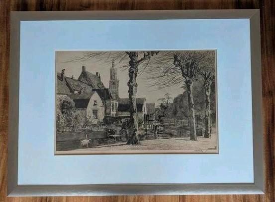 Ingelijste prent/ets Westsingel Amersfoort (ca. 1930-1940), Antiek en Kunst, Kunst | Etsen en Gravures, Ophalen