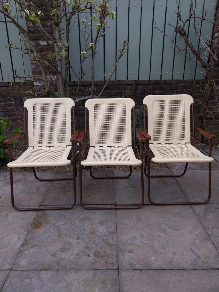 Camping stoelen, Vintage, Grand Soleil flip chair. 3 stuks, Gebruikt, Drie, Wit, Ophalen of Verzenden