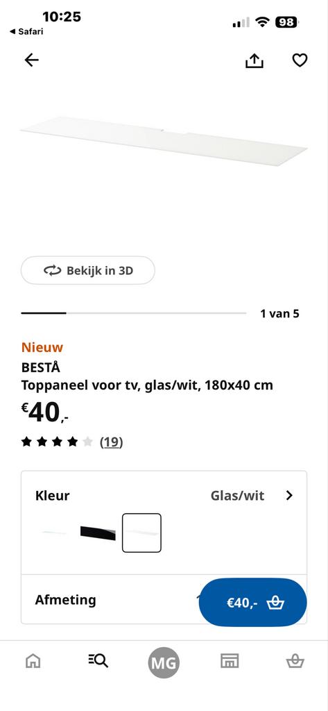 IKEA BESTÅ Toppaneel voor tv, glas/wit, 180x40 cm, Ophalen, 150 tot 200 cm, Nieuw, Glas