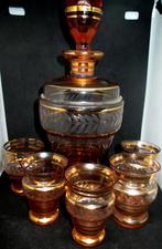 Likeurset oranje-roze geslepen glas verm. Boom glas België, Ophalen