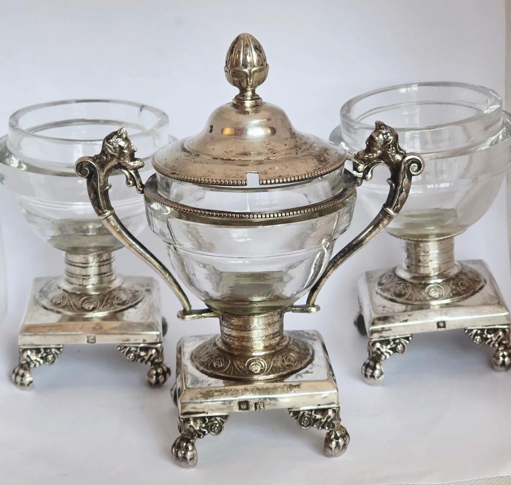 Antieke zilveren set: mosterd, 2 zoutvaatjes,1820-1858, Antiek en Kunst, Ophalen of Verzenden, Zilver