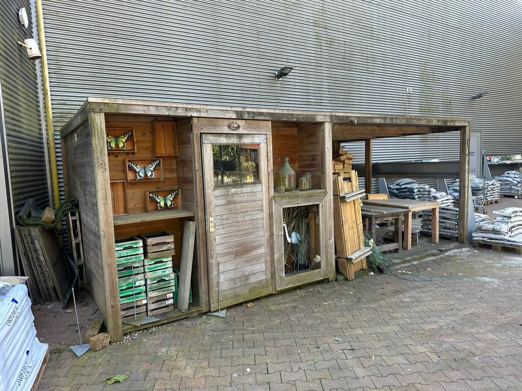 Hillhout tuinhuis met overkapping, Tuin en Terras, Tuinhuizen, Ophalen, Tuinhuis, 250 tot 500 cm, 1 raam