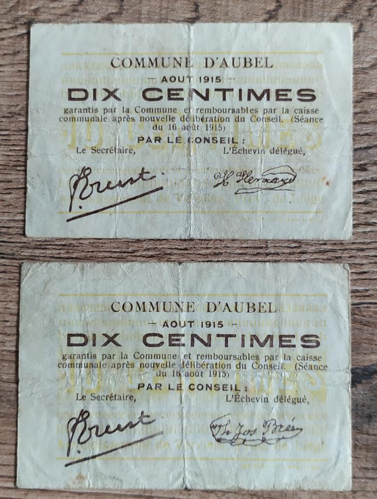 AU10+AU11 - Aubel - 2x 10 centimes 1915  - Noodgeld Belgie, Ophalen of Verzenden, Setje