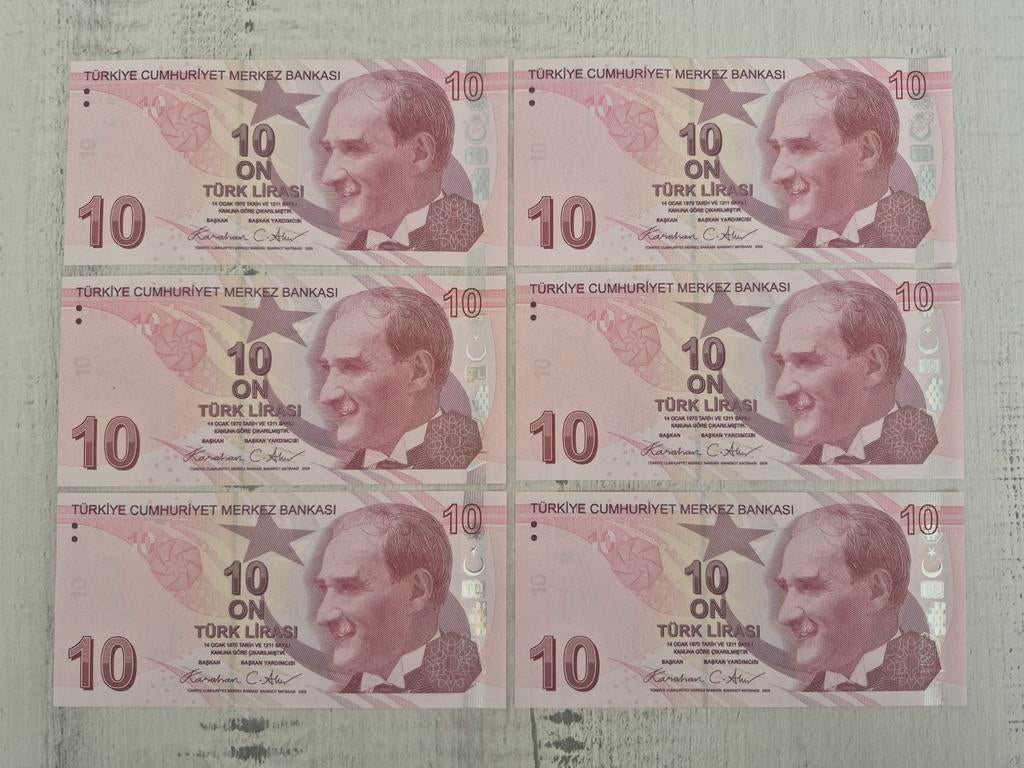 Turkije 6 x 10 Lira 2009 - 2025 UNC, Ophalen of Verzenden, Overige landen
