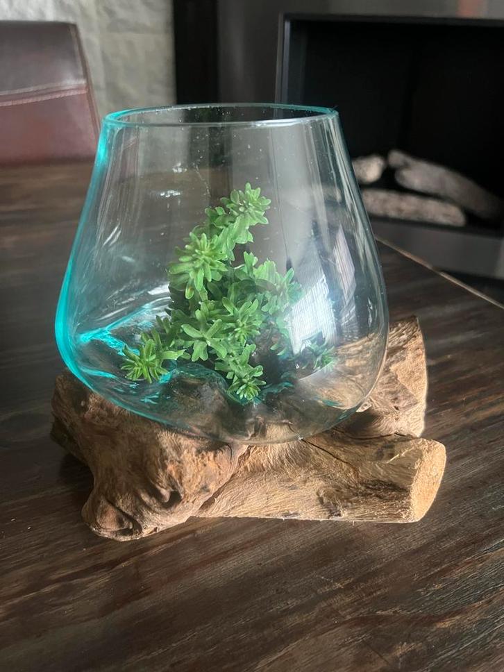 Decoratieve Houten Stronk met Glazen Vaasje, Huis en Inrichting, Woonaccessoires | Vazen, Gebruikt, Overige kleuren, Minder dan 50 cm