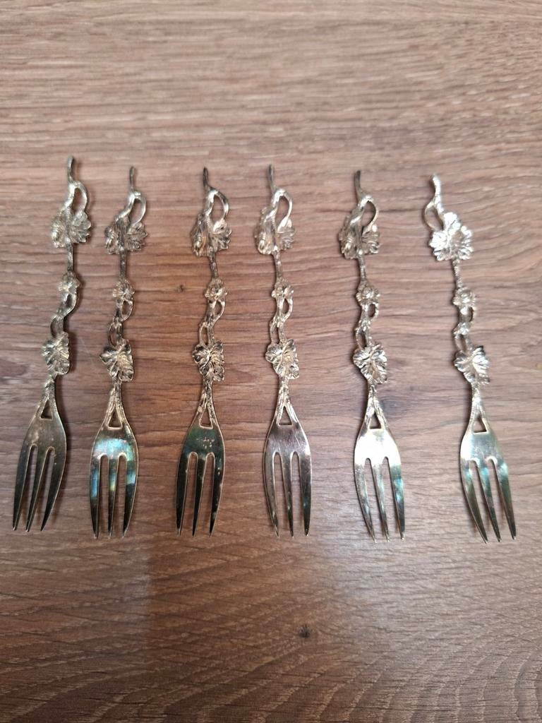 Set van 6 antieke verzilverde gebaksvorkjes - Zilpla, Ophalen of Verzenden