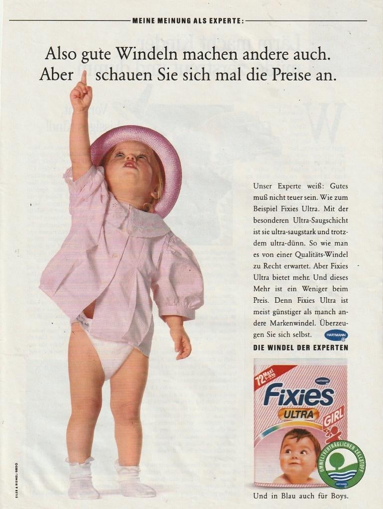 Retro reclame 1990 Fixies Ultra baby luiers voor kleine meid, Verzamelen, Retro, Verzenden, Overige typen