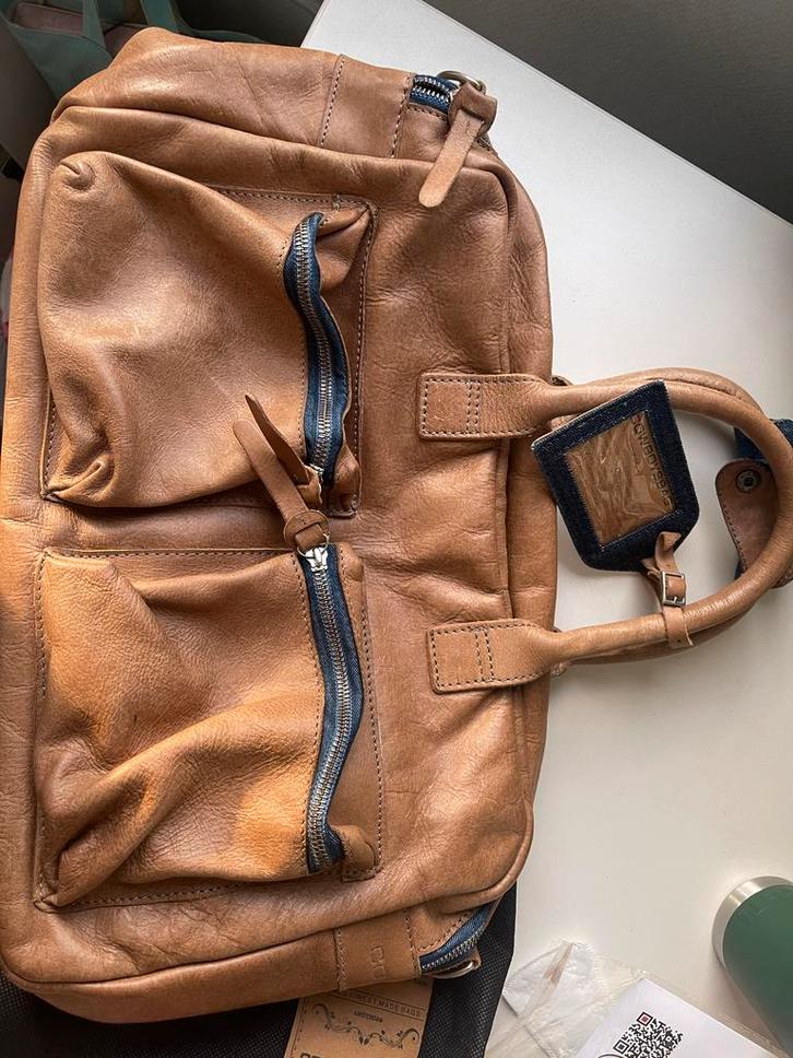 Cowboysbag bruine leren tas met denim details, Sieraden, Tassen en Uiterlijk, Tassen | Schoudertassen, Gebruikt, Overige merken