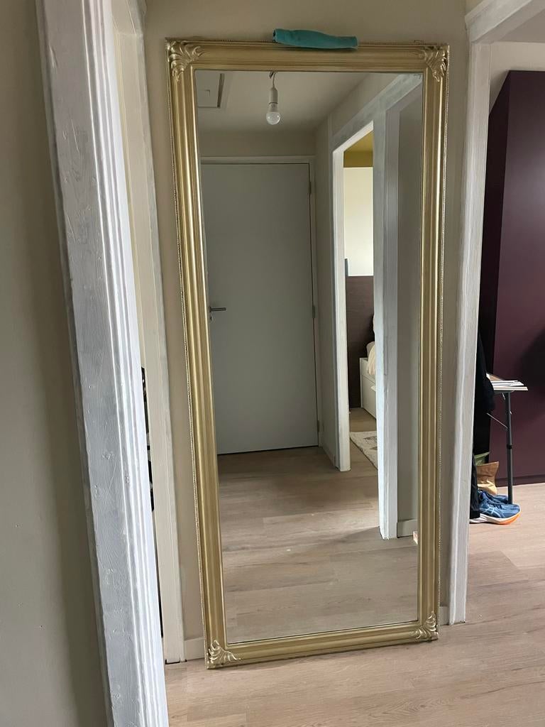 Grote passpiegel met gouden ornamenten, Ophalen, Gebruikt, 75 tot 100 cm, 150 tot 200 cm