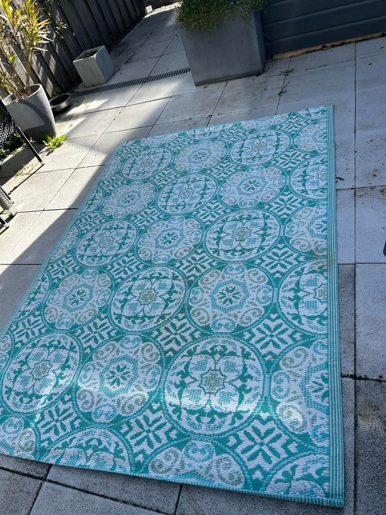 Tuinkleed / Buitenkleed - Turquoise met wit patroon, Ophalen, Gebruikt, 100 tot 150 cm, Wit