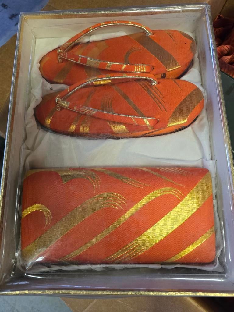 Vintage Kimono Sandalen en Tas - Oranje met Goud, Ophalen of Verzenden