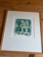 Ingelijste Houtsnede 'Vis I' (1998) - Groen/Blauw Abstract, Ophalen of Verzenden