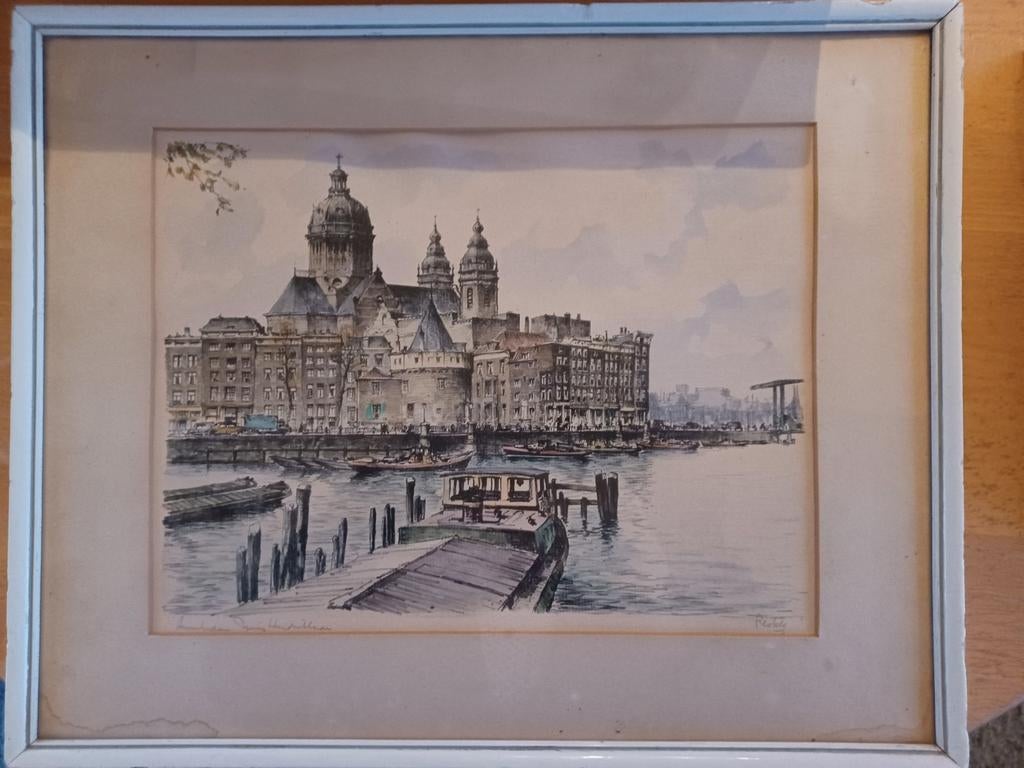 Ingelijste aquarel van Amsterdamse gracht, Antiek en Kunst, Ophalen of Verzenden