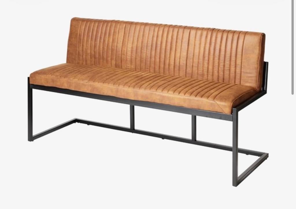 Eetkamerbank 155 cm  cognac stof met zwart metalen frame, Huis en Inrichting, Ophalen of Verzenden, Zo goed als nieuw