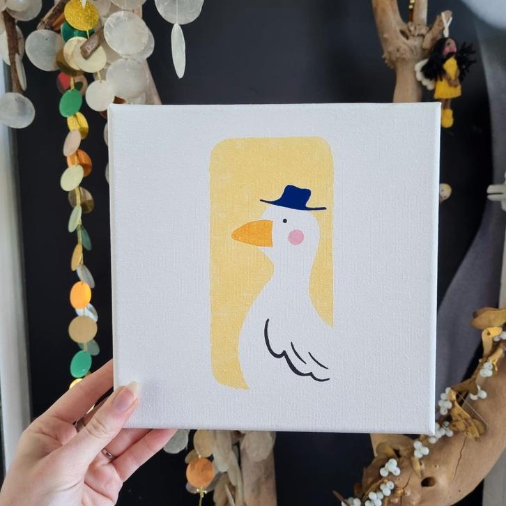 Unieke illustratie op canvasdoek monsieur canard gans eend, Antiek en Kunst, Kunst | Schilderijen | Modern, Verzenden