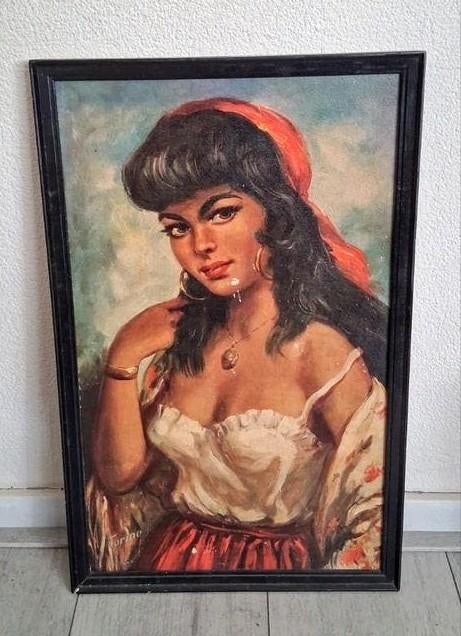 Vintage schilderij: Zigeunerin met rode hoofddoek, Ophalen