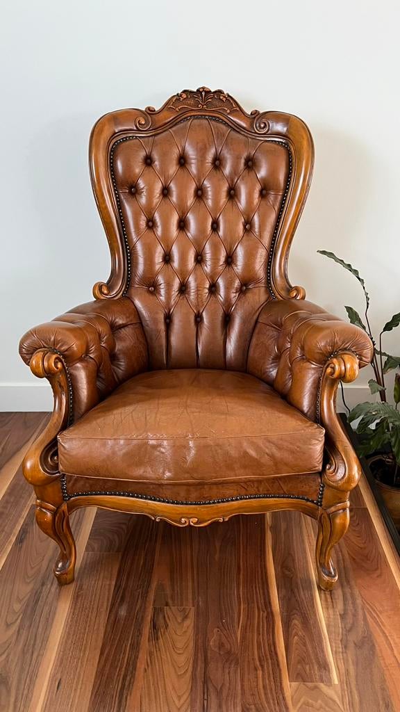 Chesterfield Queen Anne fauteuil leer bruin, Huis en Inrichting, Fauteuils, Ophalen of Verzenden, Zo goed als nieuw