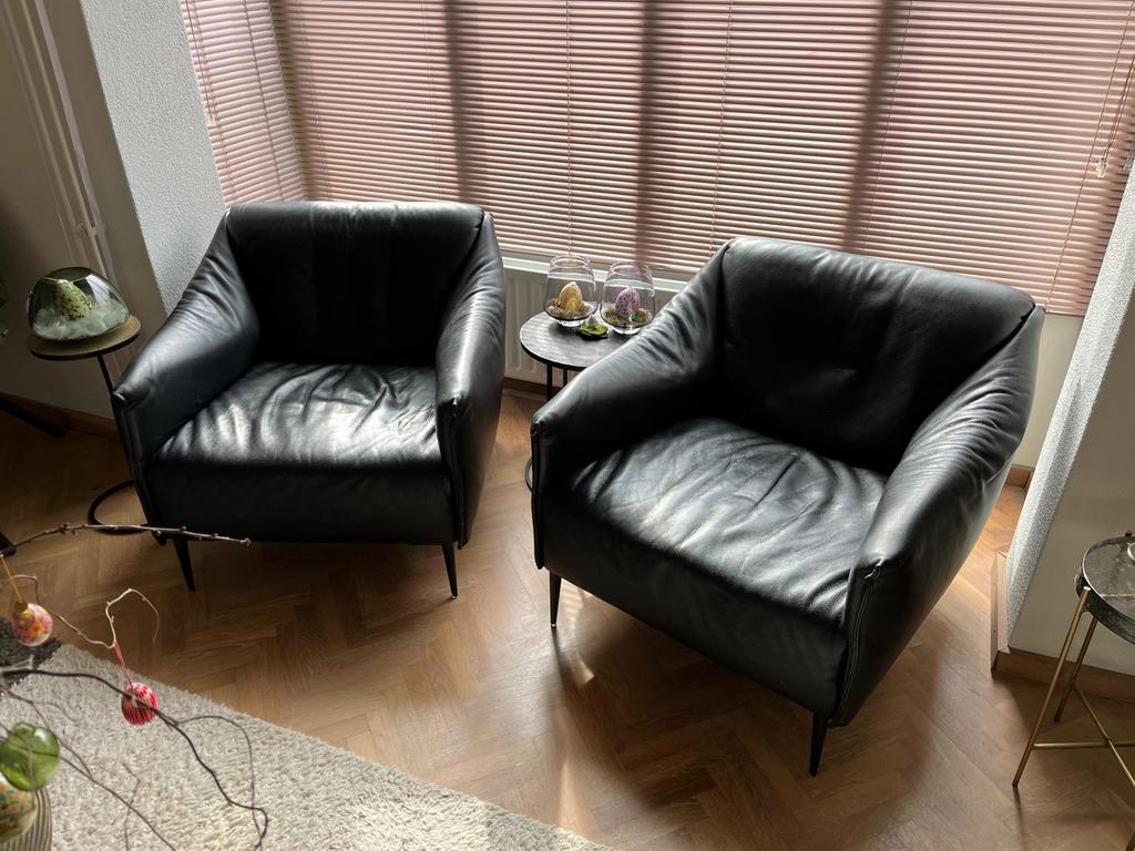 Zwarte leren fauteuils, Huis en Inrichting, Fauteuils, Ophalen, Gebruikt, Minder dan 75 cm, Leer