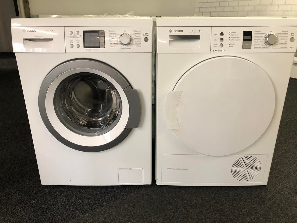 SET €450 Bosch Wasmachine + Warmtepomp droger MET GARANTIE, 8 tot 10 kg, Ophalen, Zo goed als nieuw, Minder dan 85 cm