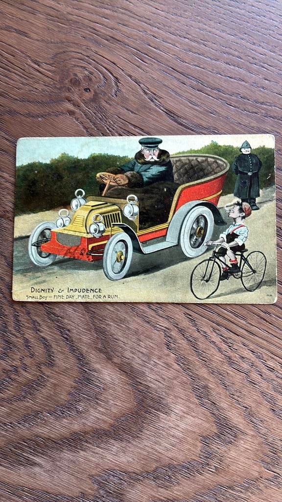 Waardigheid en onbeschaamdheid.Luxe auto/jongen op fiets., Ophalen of Verzenden, Voor 1920, Gelopen, Overige thema's
